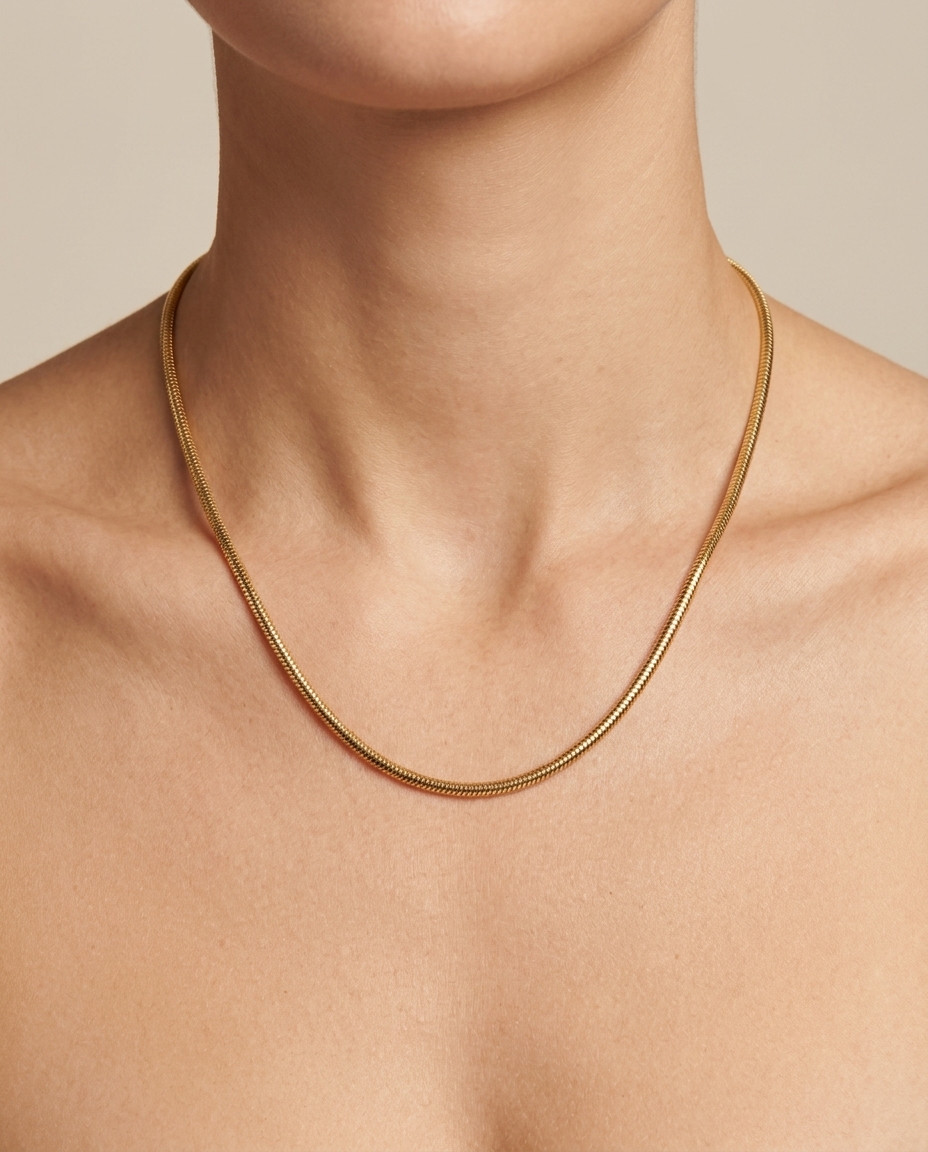 14KT Gold Round Snake Chain Necklace on model