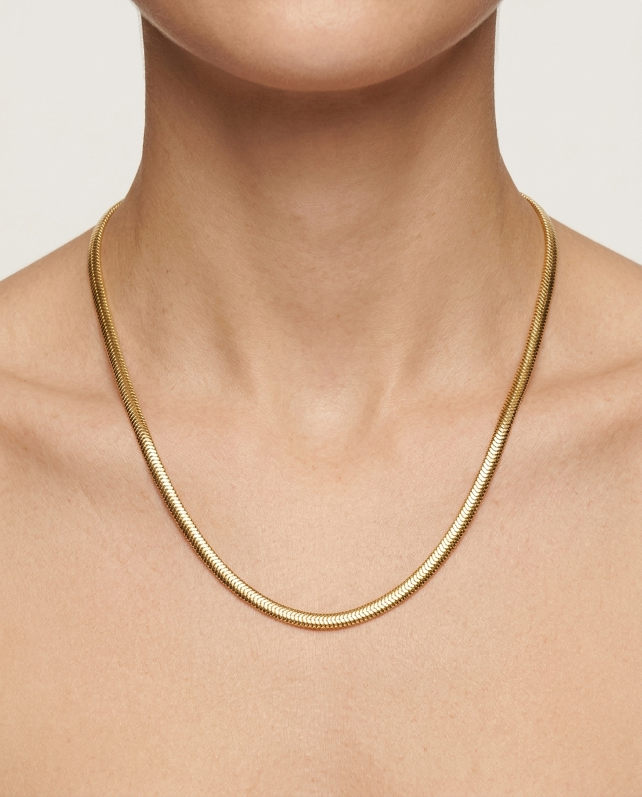 14KT Gold Flate Snake Necklace on model