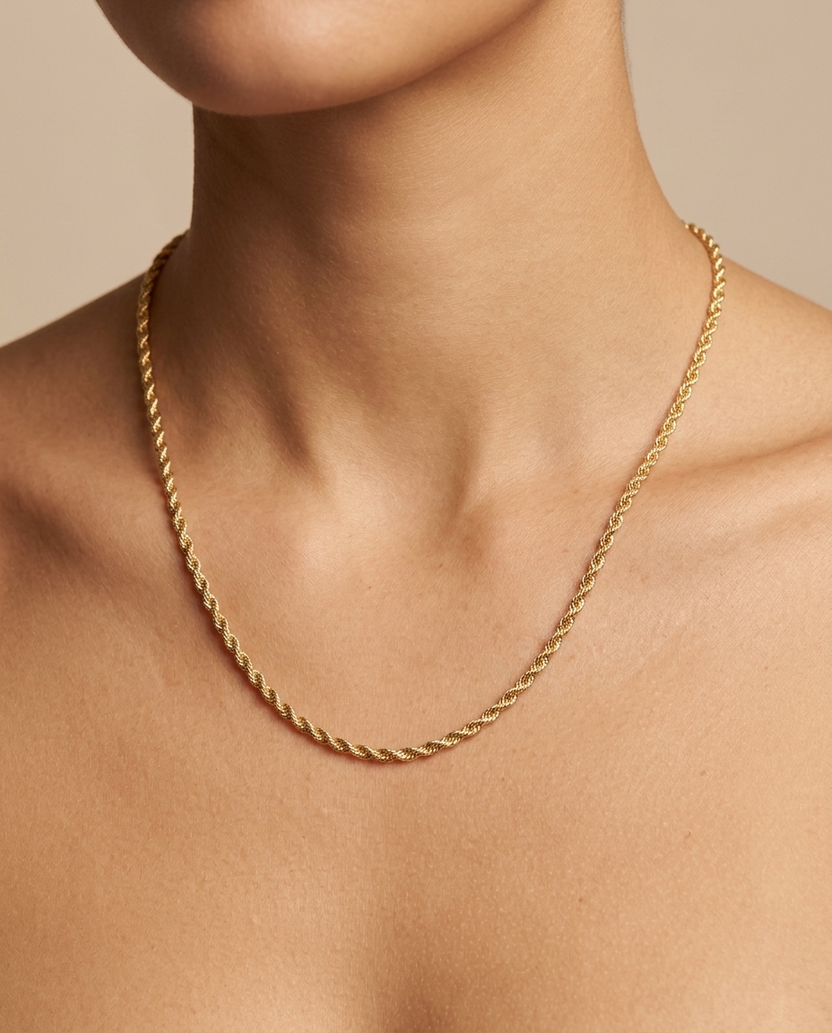 14KT Gold Rope Chain Necklace on model