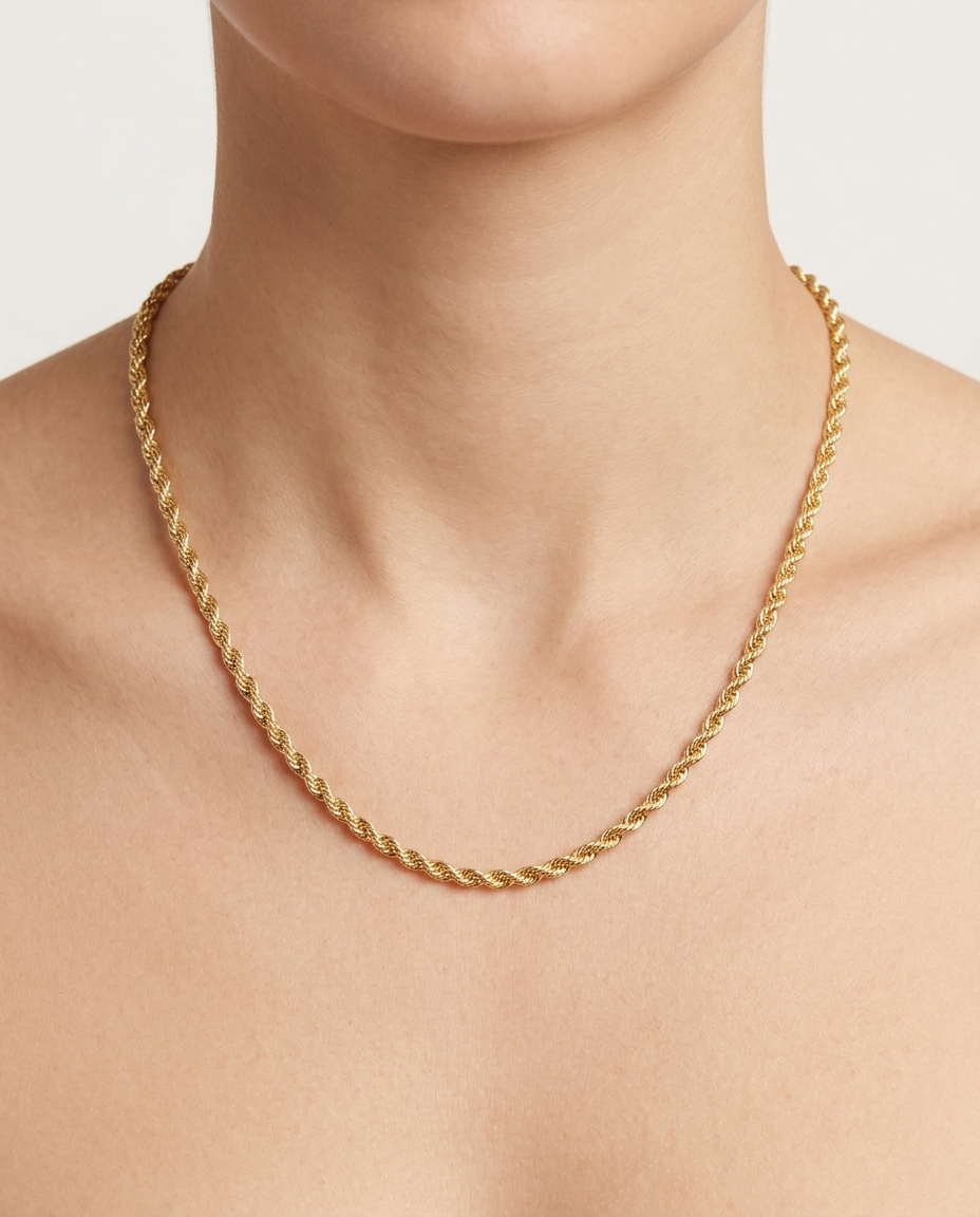 14KT Gold Rope Chain Necklace on model