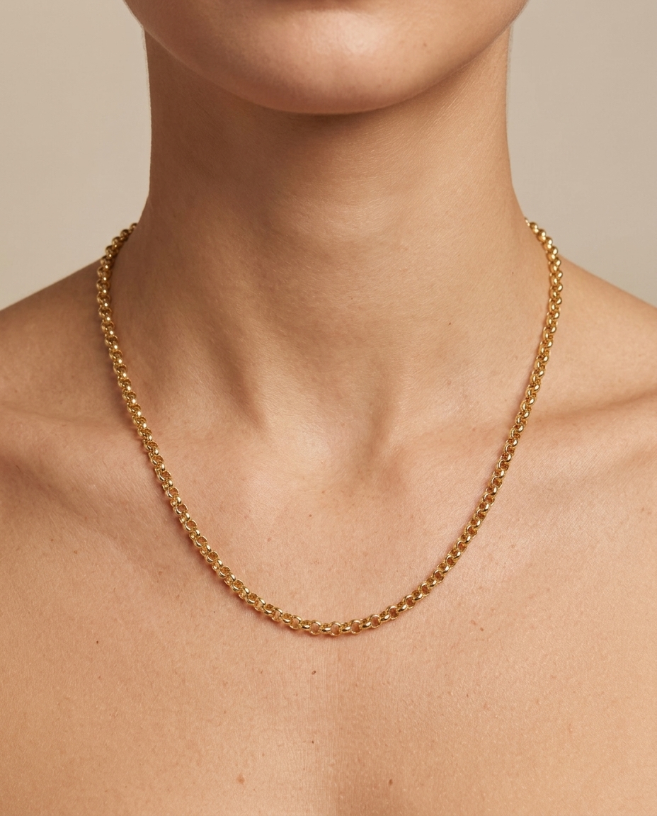 14KT Gold Round Cable Chain Necklace on model