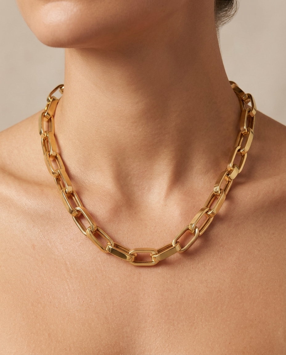 14KT Gold Oval Link Paperlink Necklace on model