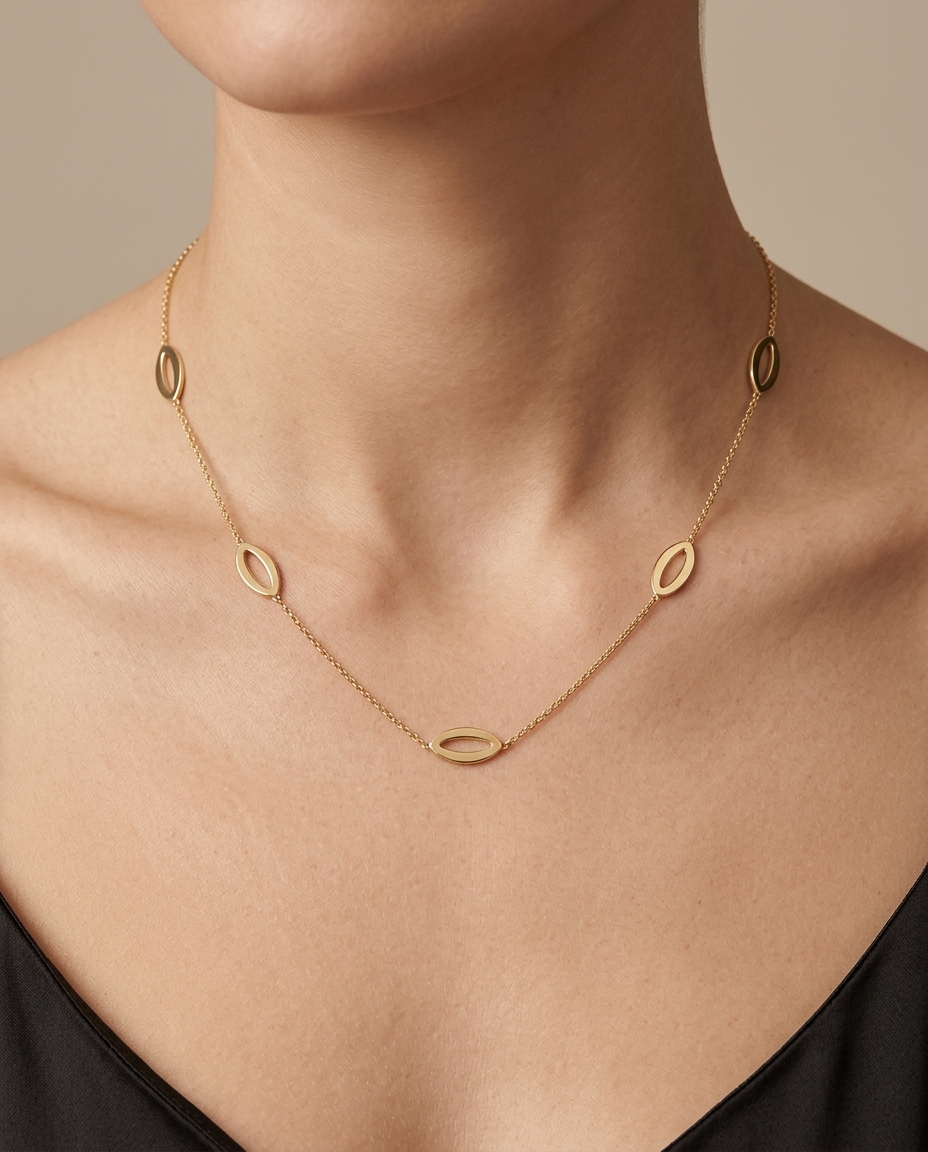 14KT Gold Open Marquise Necklace on model