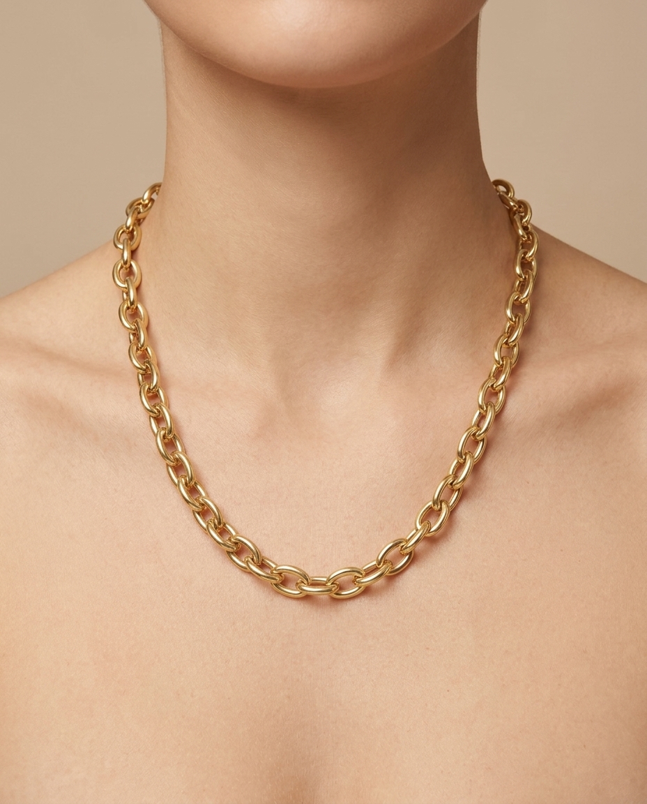 14KT Yellow Gold Oval Link Necklace on model