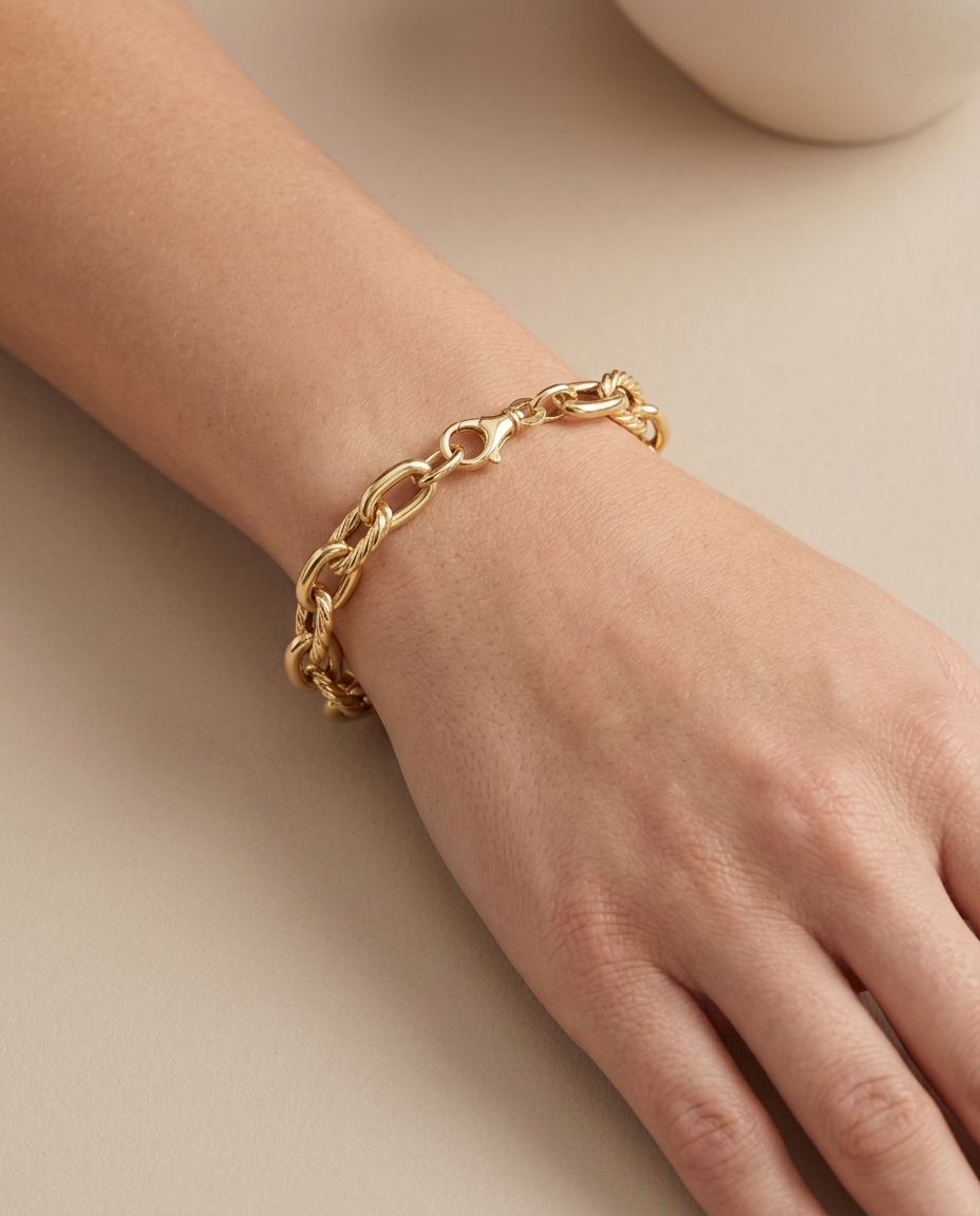 14KT Yellow Gold Paperclip Twisted Bracelet on model