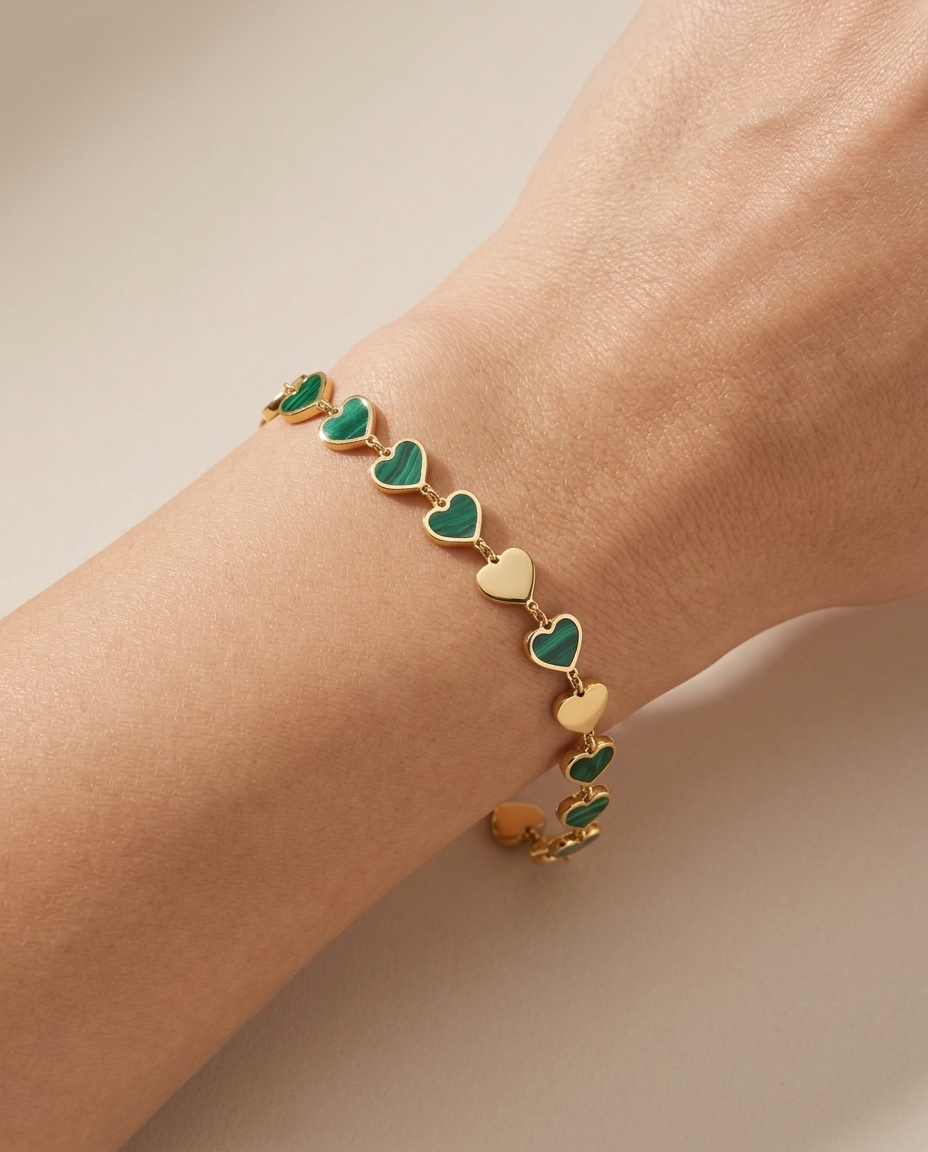 14KT Gold Malachite Heart Bracelet on model