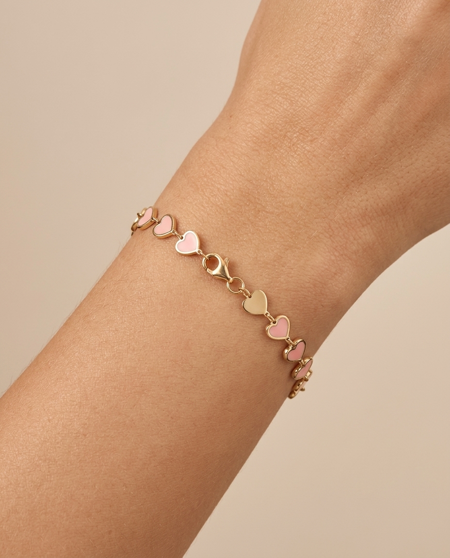 14KT Gold Pink Opal Heart Bracelet on model