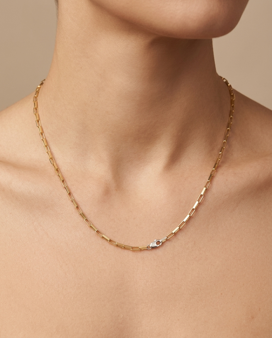 14KT Gold Paperclip Necklace 18" on model