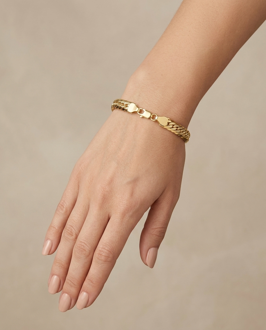 14KT Yellow Gold Flat Cuban Bracelet on model
