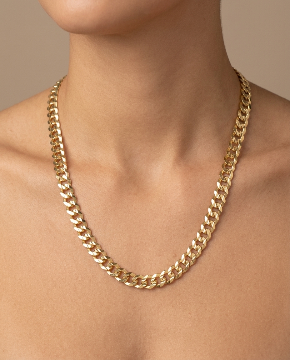 14KT Gold 6 MM Flat Cuban Necklace on model