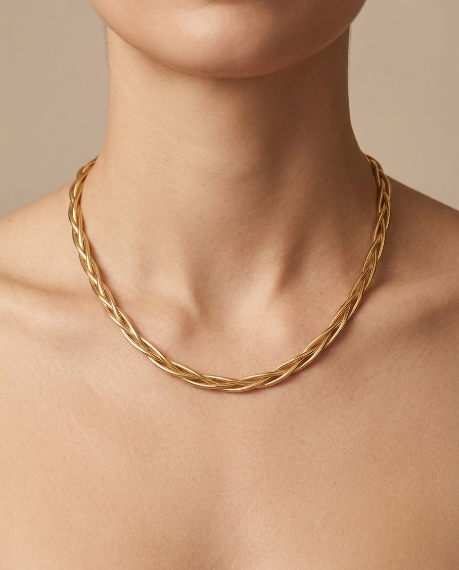 14KT Yellow Gold Stretchy Braided Necklace on model
