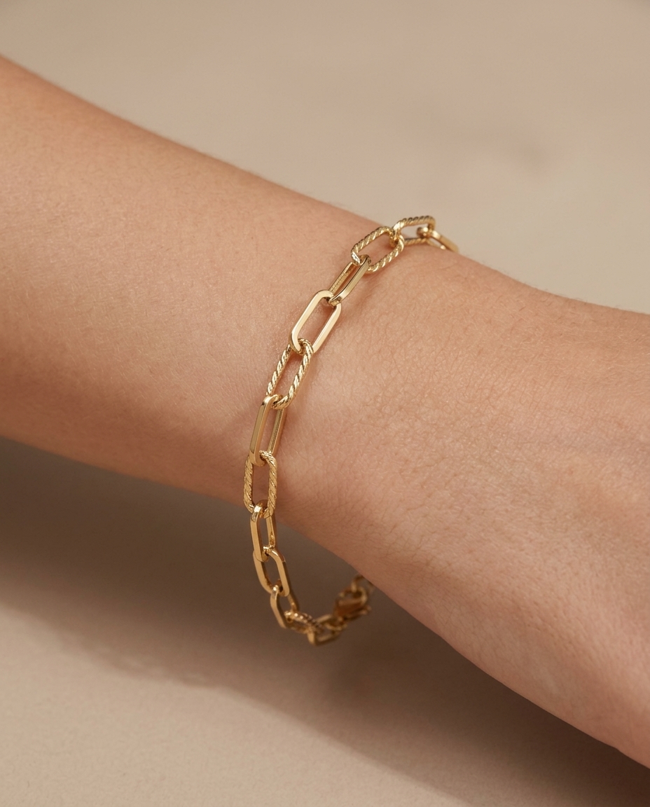 14KT Yellow Gold Paperclip Bracelet on model