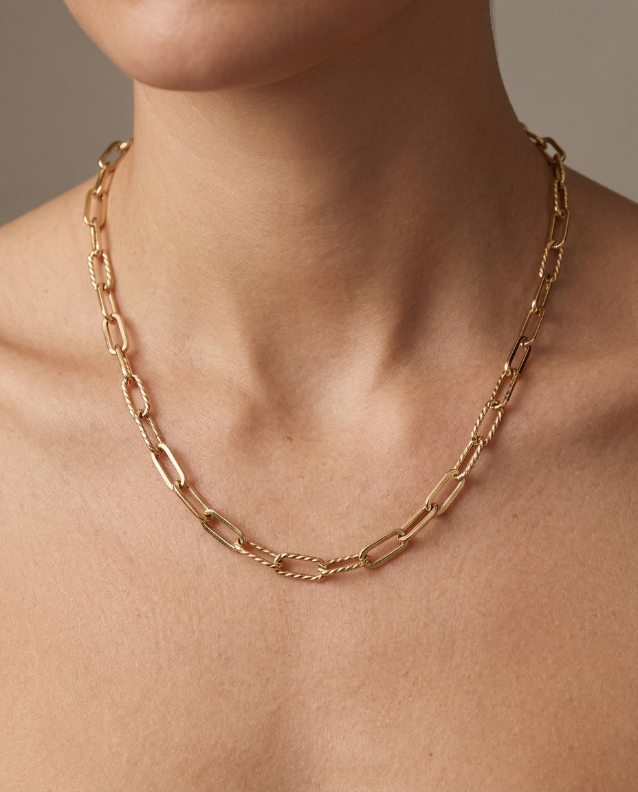 14KT Yellow Gold Paperclip Necklace on model
