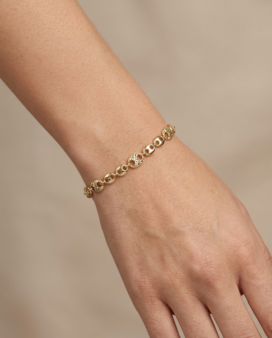 14KT Gold Mariner Bracelet with Diamond Cut Puff Mariner on model