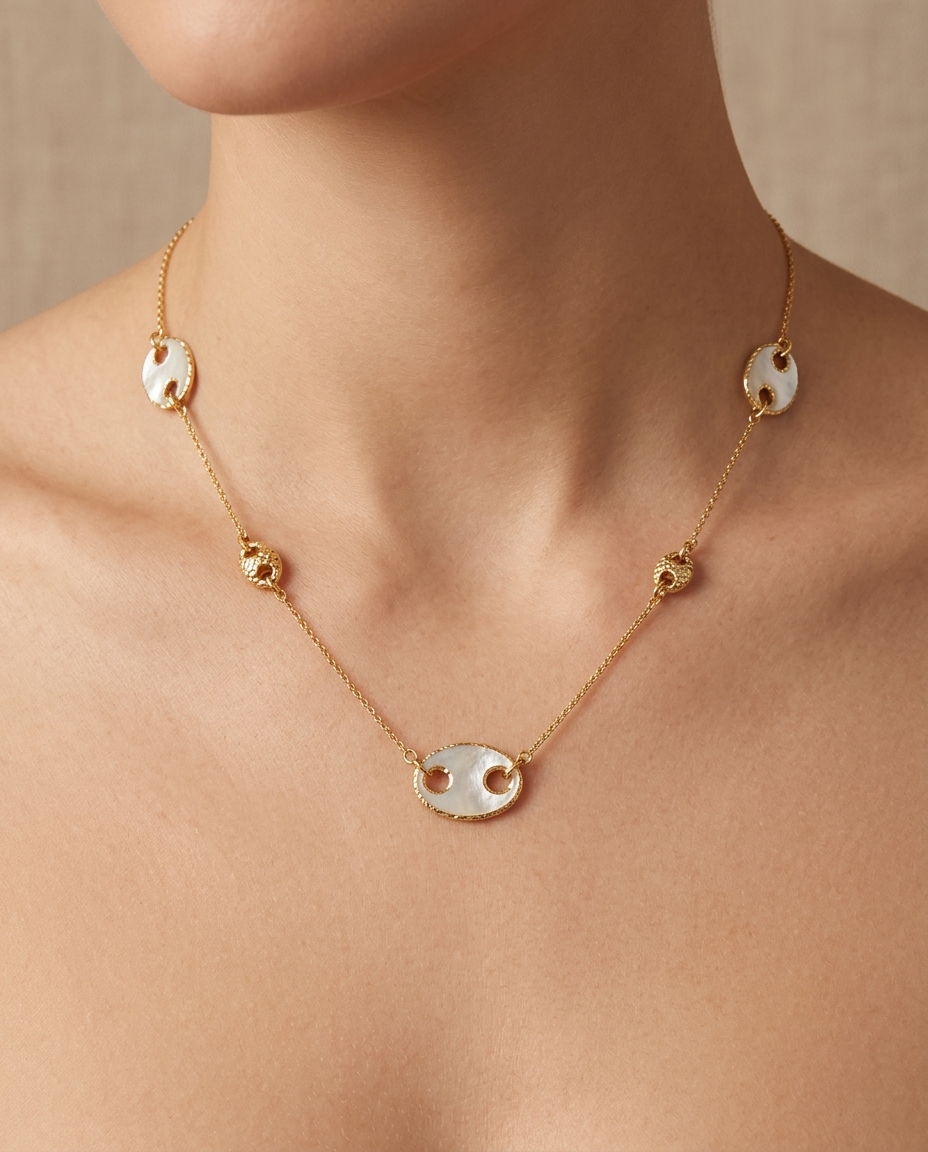 14KT Yellow Gold Mother of Pearl Necklace on model