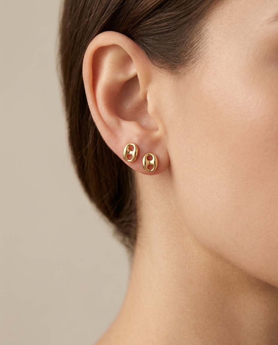 14KT Yellow Gold Puff Mariner Link Earring on model