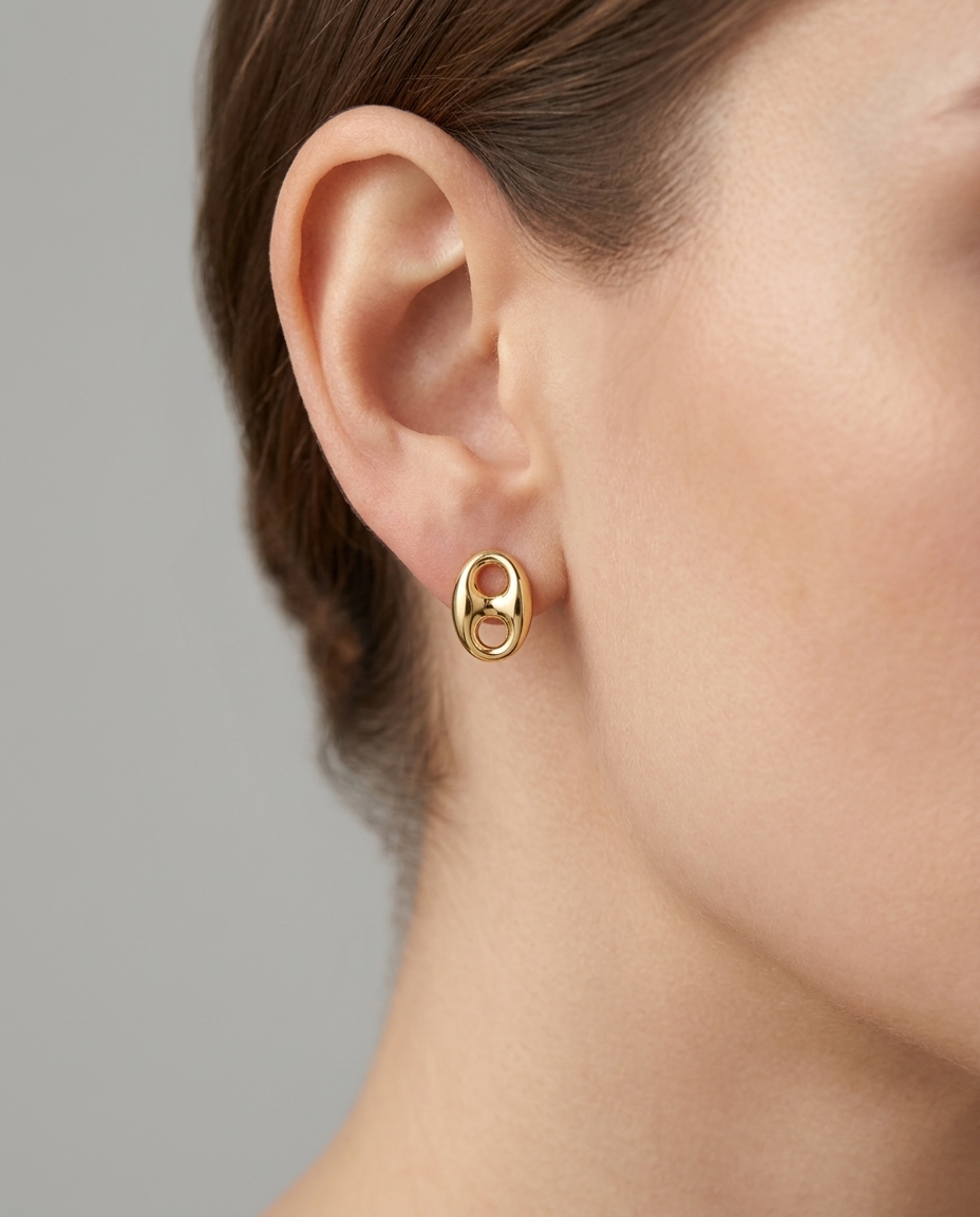 14KT Yellow Gold Puff Mariner Link Earring on model