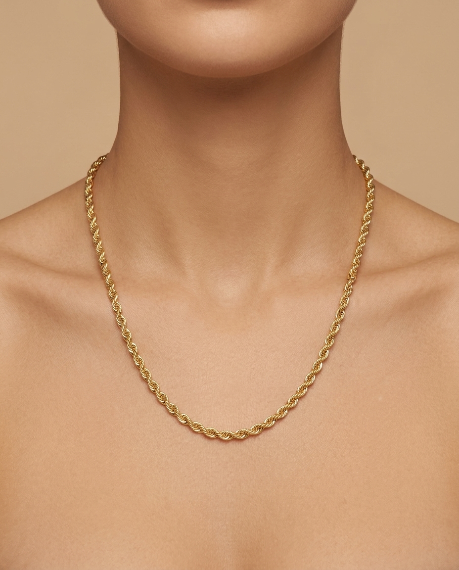14KT Gold Rope Chain Necklace on model