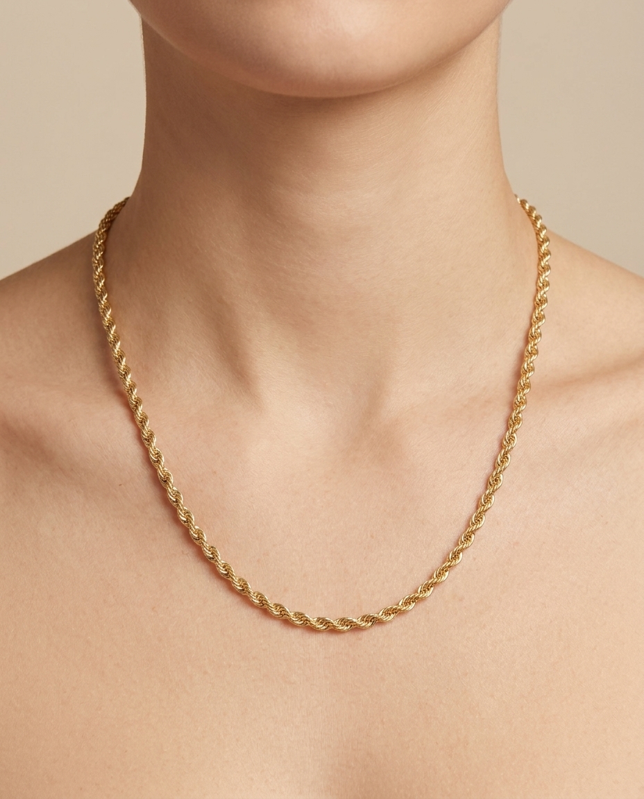 14KT Gold Rope Chain Necklace on model