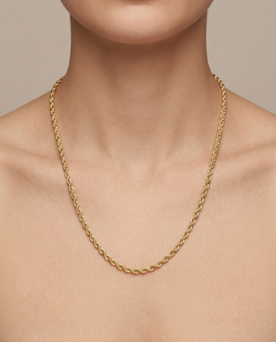 14KT Gold Rope Chain Necklace on model