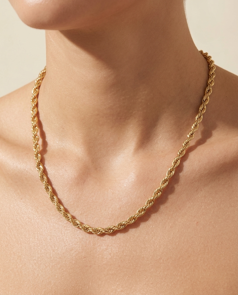 14KT Gold Rope Chain Necklace on model