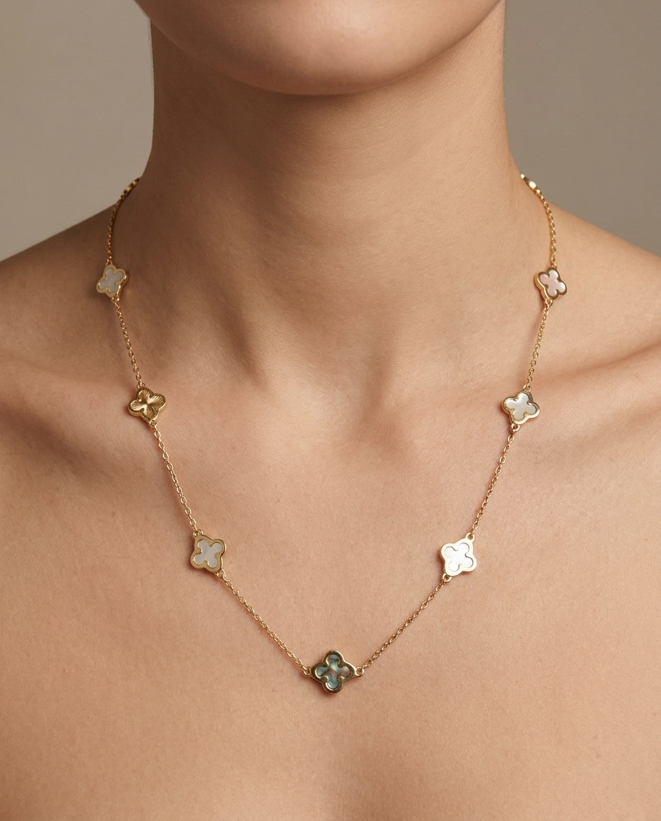 14KT Yellow Gold Clover Necklace on model