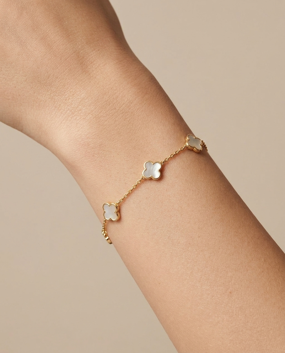 14KT Yellow Gold Clover Bracelet on model