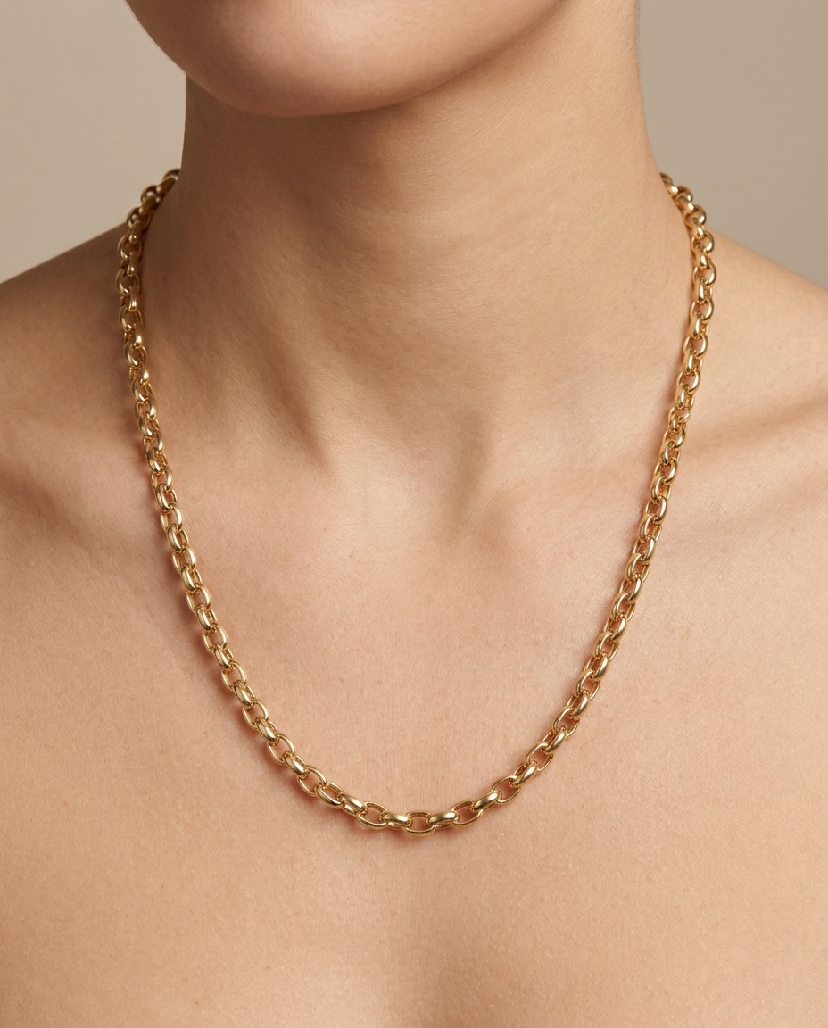 14KT Gold Oval Link Chain Necklace on model