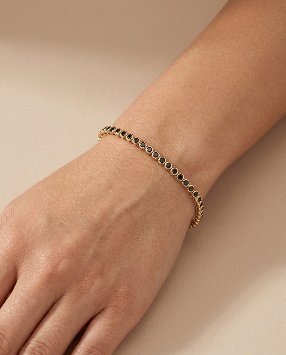 14KT Yellow Gold Black Diamond Bezel Tennis Bracelet on model