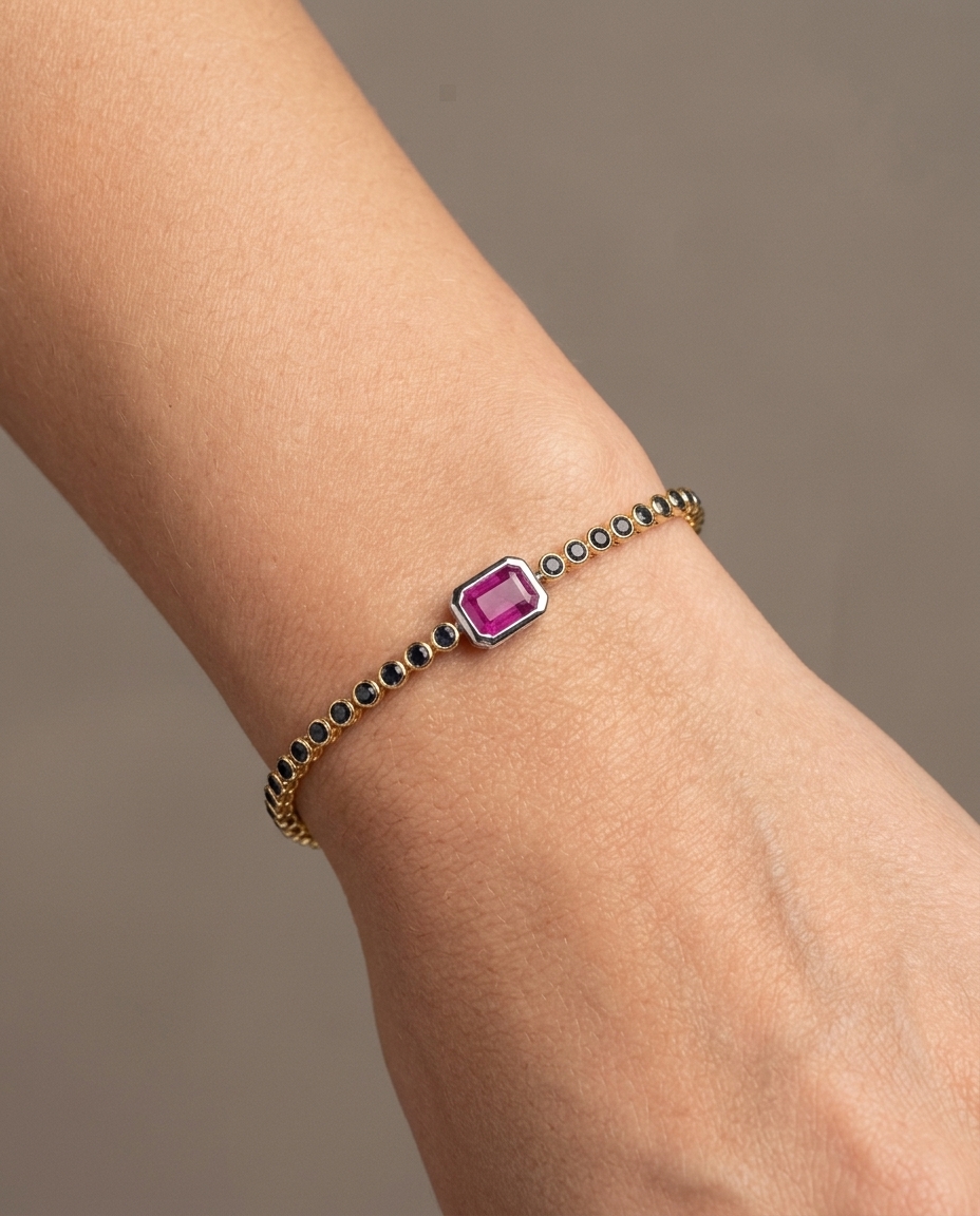 14KT Yellow Gold Black Diamond with Ruby OCT. Tennis Bracelet on model