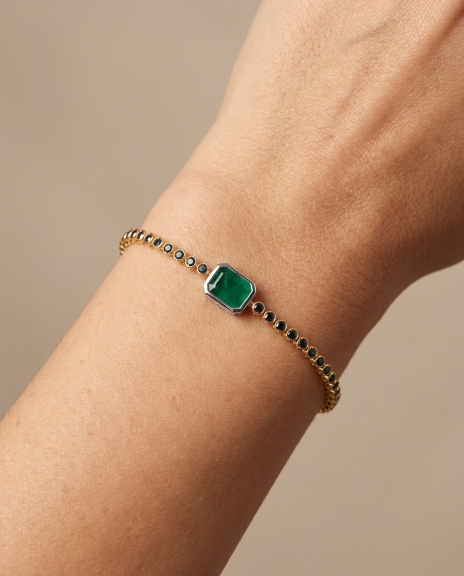 14KT Yellow Gold Black Diamond with Emerald OCT. Tennis Bracelet on model