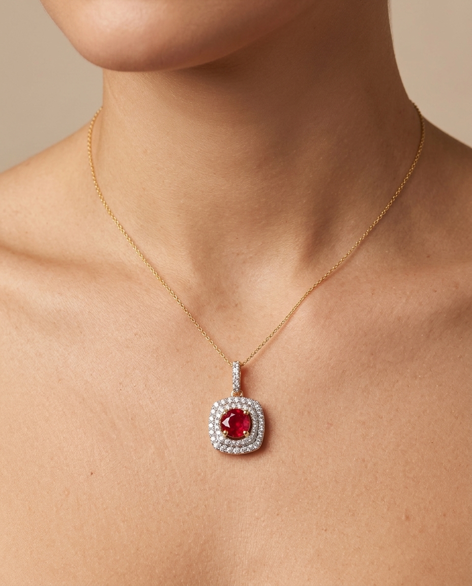 14KT Yellow Gold Ruby and Diamond Pendant Necklace on model