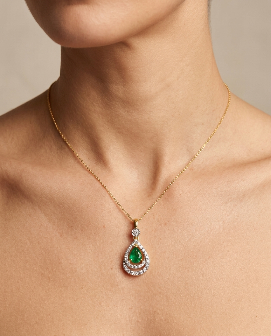 14KT Yellow Gold Pendant with Diamonds and Emerald on model