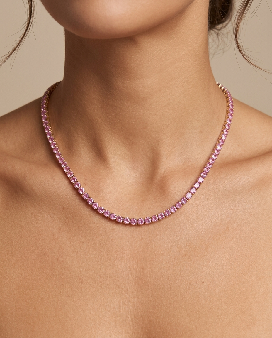 Yellow Gold Pink Sapphire Necklace on model