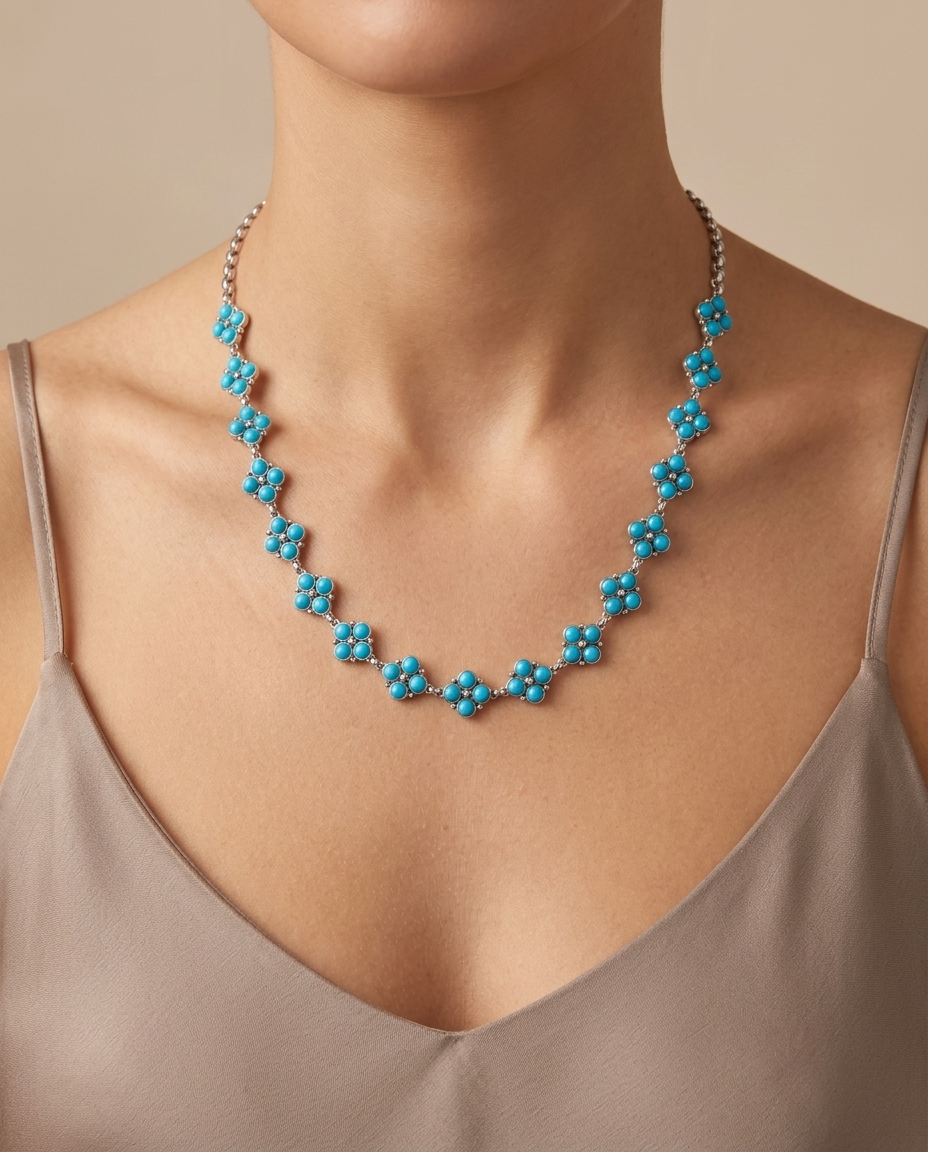 14KT White Gold Turquoise Tennis Necklace with Chain on model