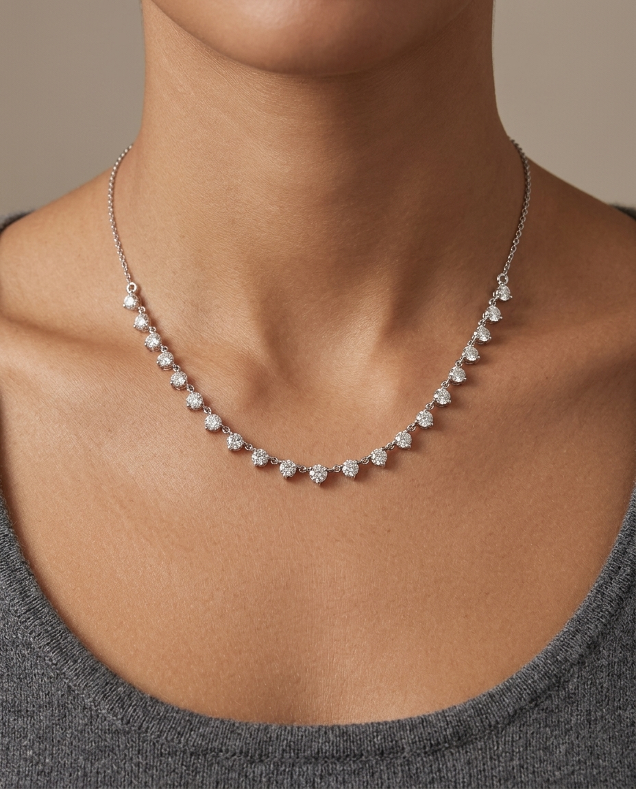 14KT White Gold Necklace with Diamonds on model