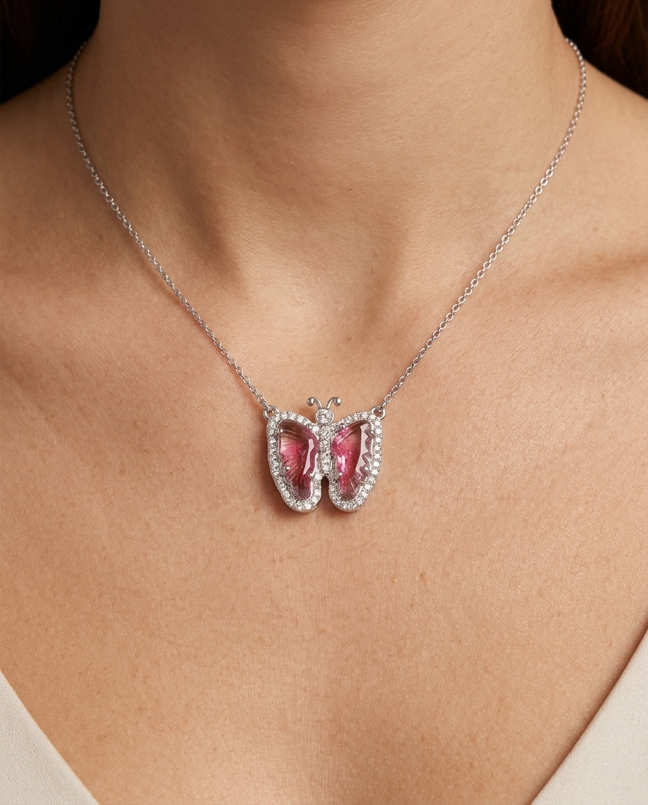 14KT White Gold Watermelon Tourmaline and Diamonds Butterfly Necklace on model
