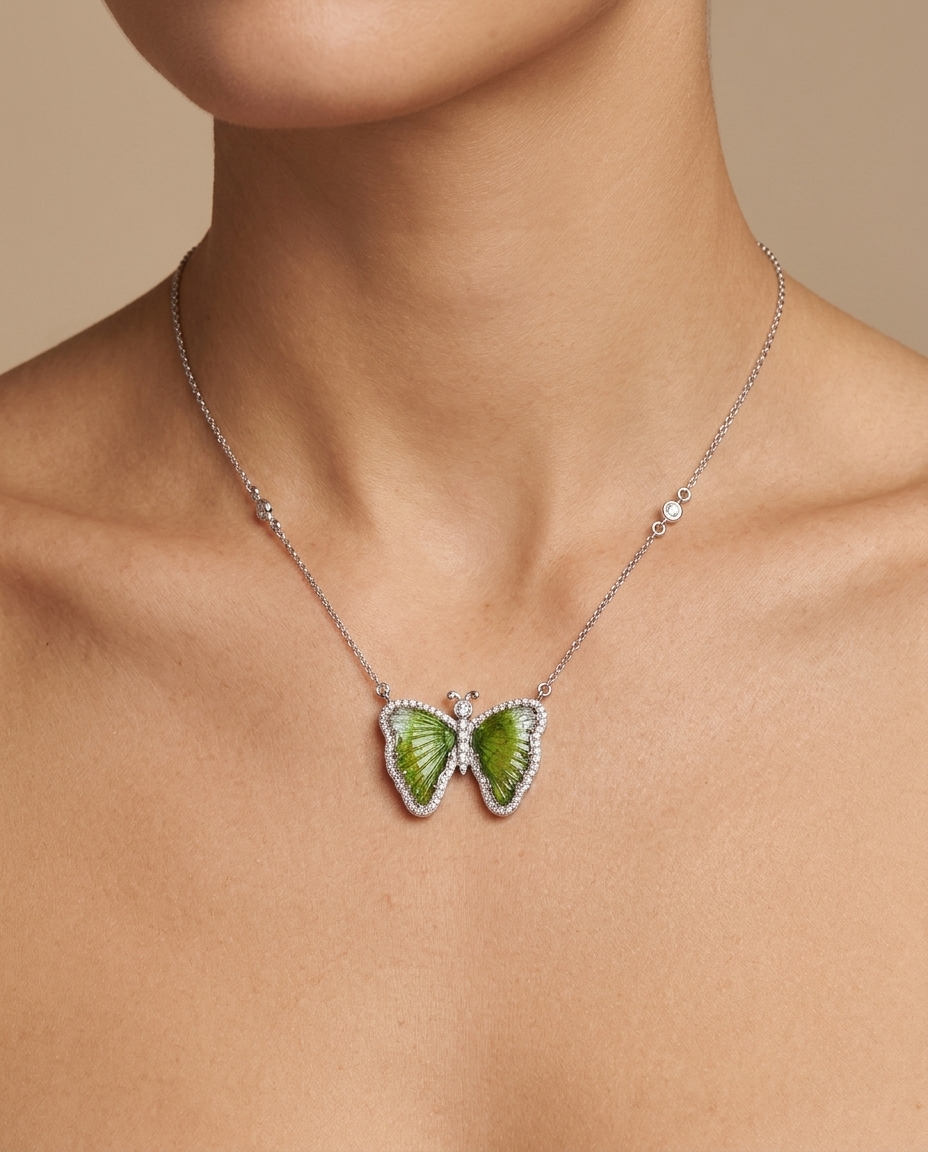 14KT White Gold Watermelon Tourmaline and Diamonds Butterfly Necklace on model
