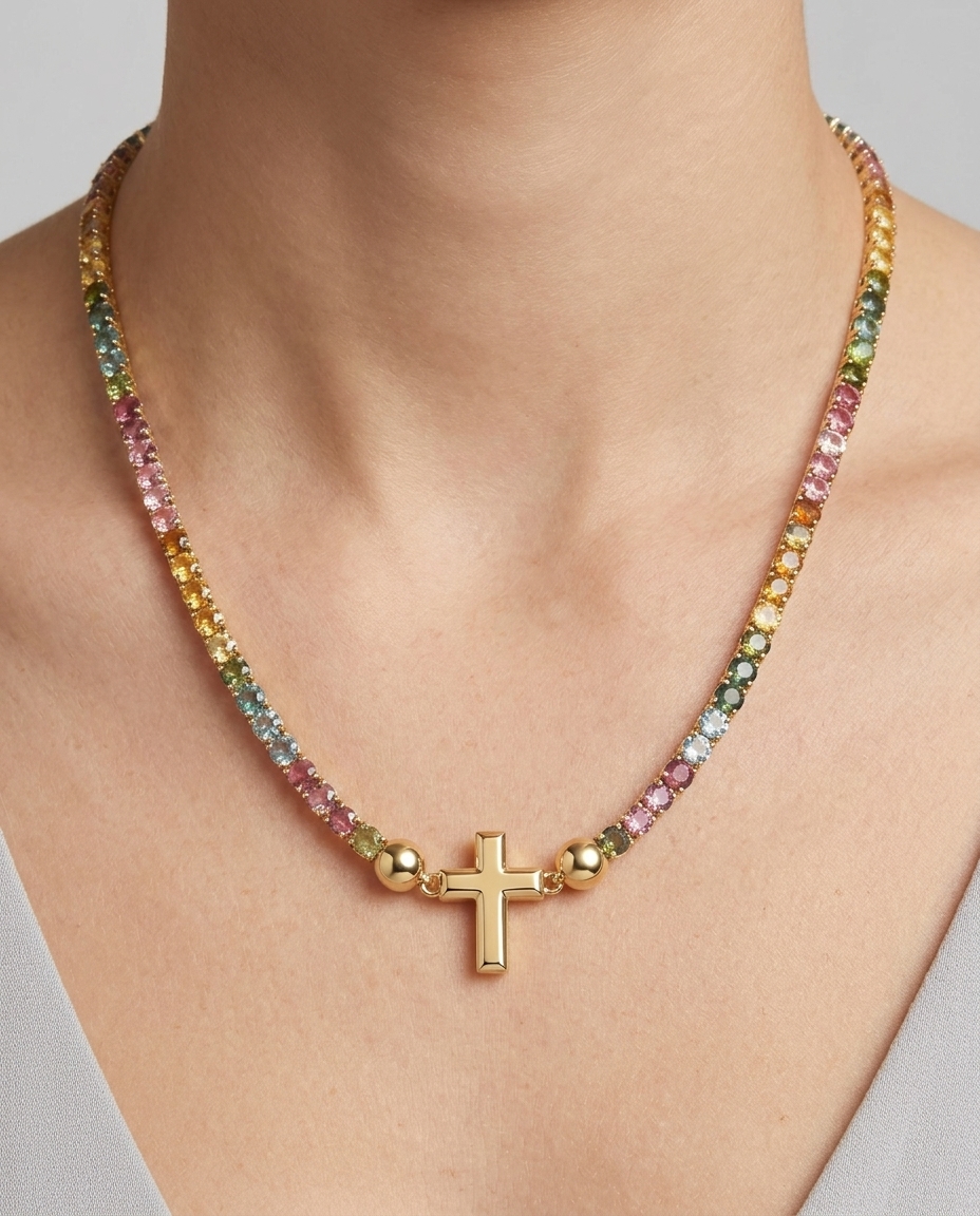 14KT Yellow Gold Tourmaline Tennis Necklace on model