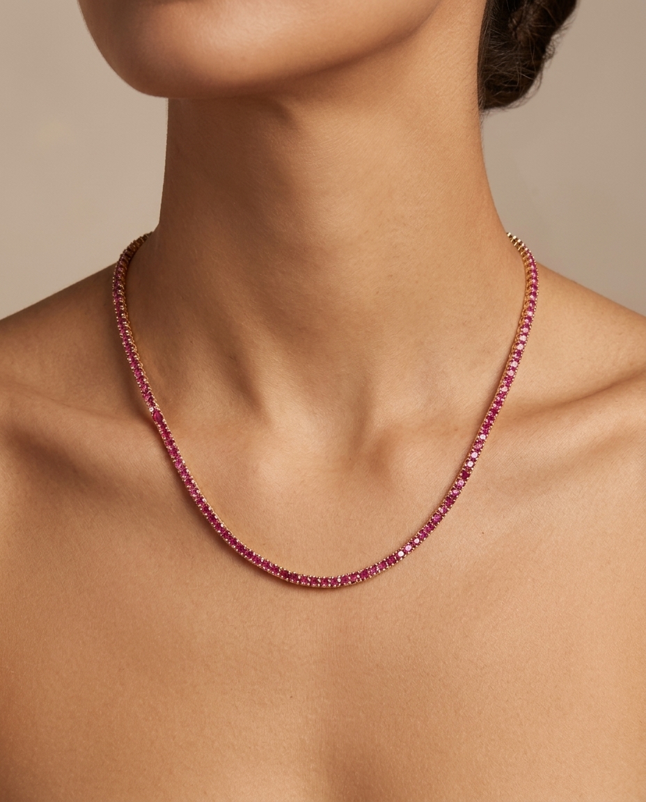14KT Yellow Gold Pink Sapphire Tennis Necklace on model