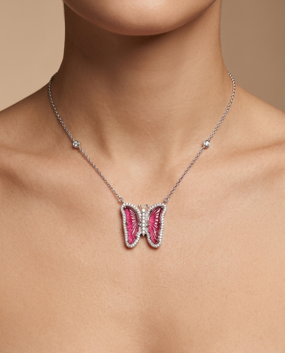 14KT White Gold Watermelon Tourmaline and Diamonds Butterfly Necklace on model