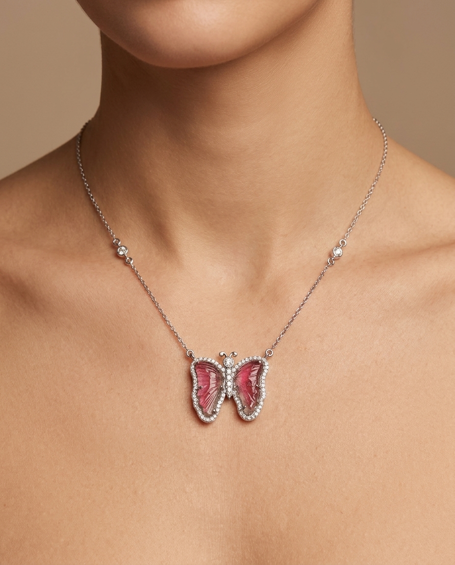 14KT White Gold Watermelon Tourmaline and Diamonds Butterfly Necklace on model