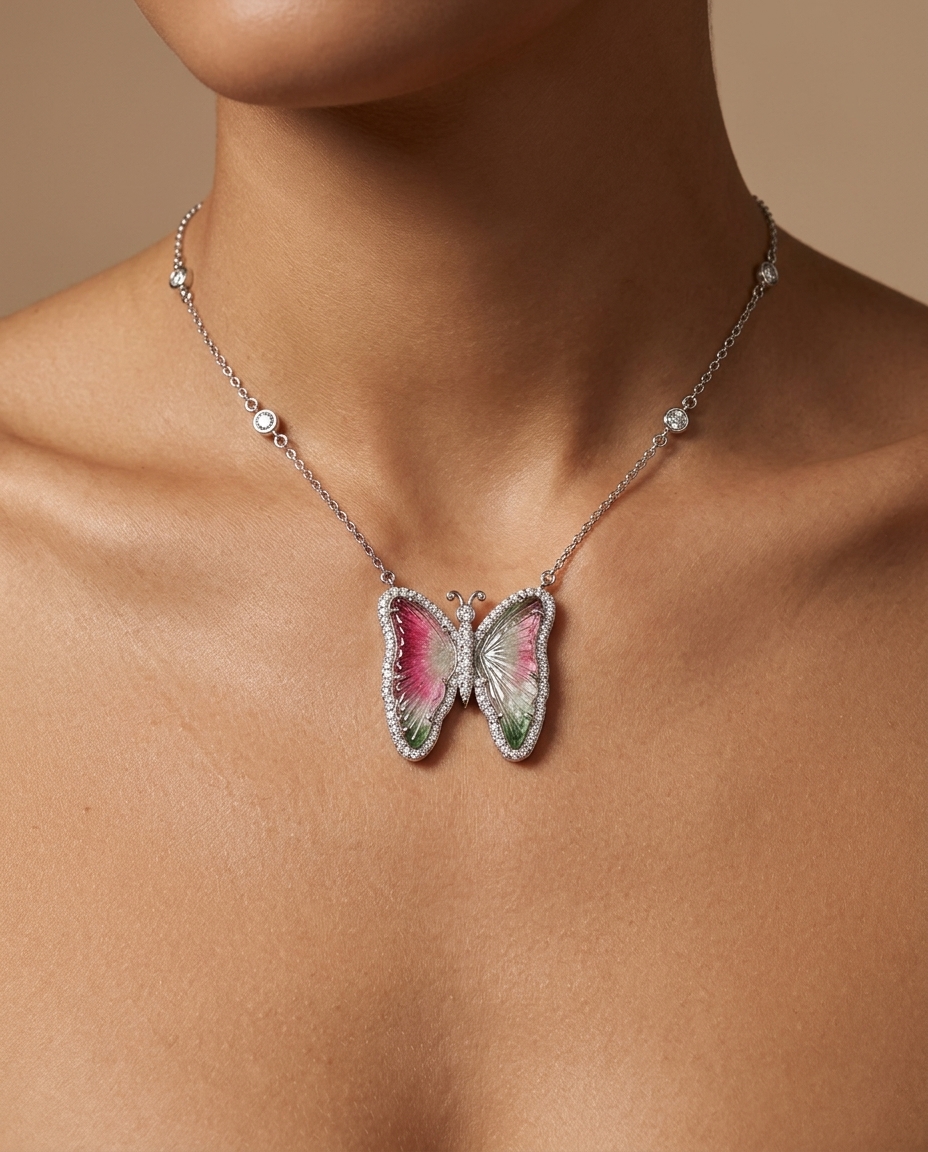 14KT White Gold Watermelon Tourmaline and Diamonds Butterfly Necklace on model