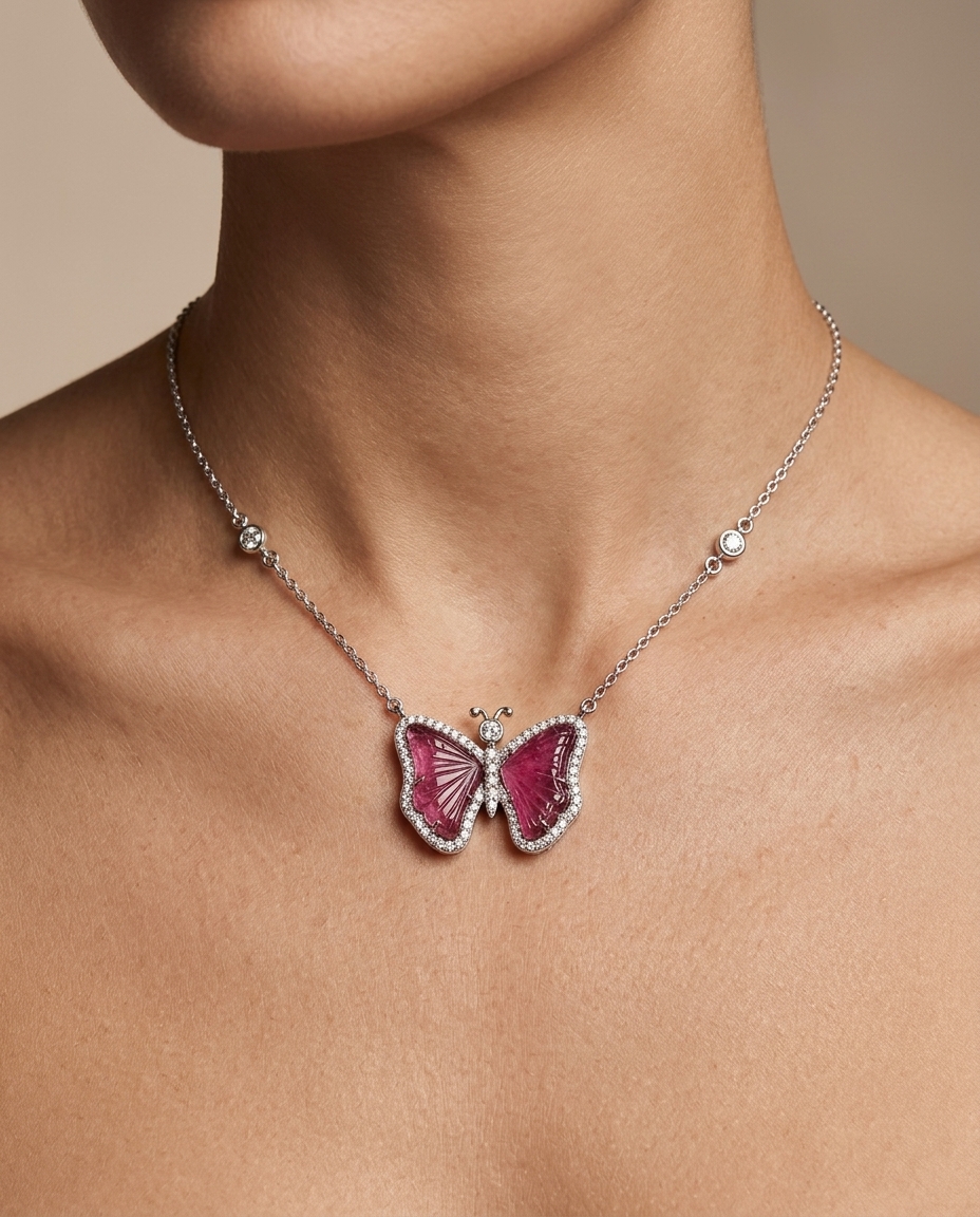 14KT White Gold Watermelon Tourmaline and Diamonds Butterfly Necklace on model