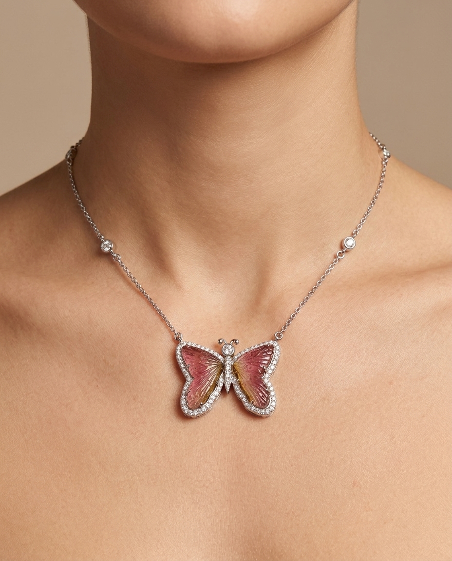 14KT White Gold Watermelon Tourmaline and Diamonds Butterfly Necklace on model