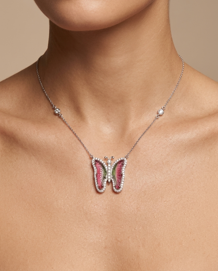14KT White Gold Watermelon Tourmaline and Diamonds Butterfly Necklace on model