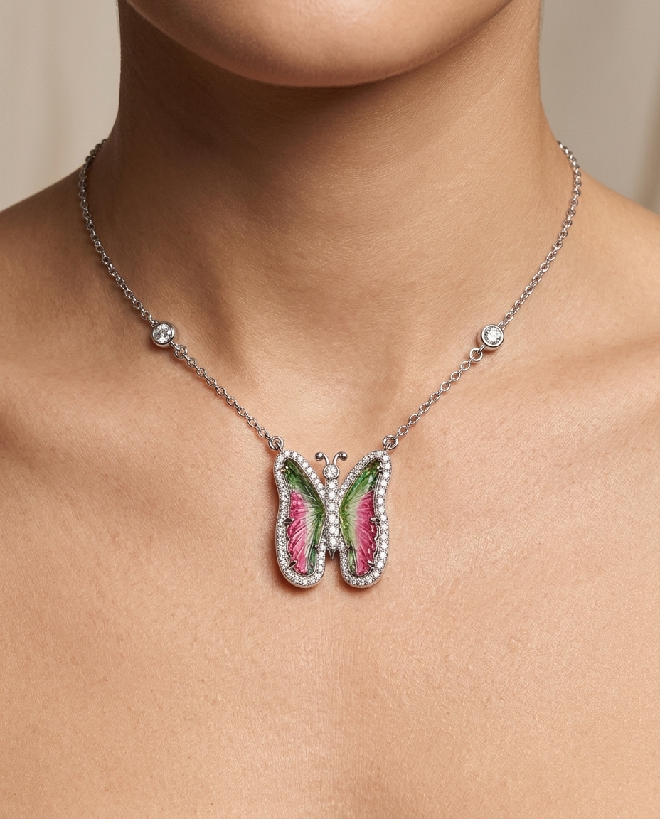 14KT White Gold Watermelon Tourmaline and Diamonds Butterfly Necklace on model