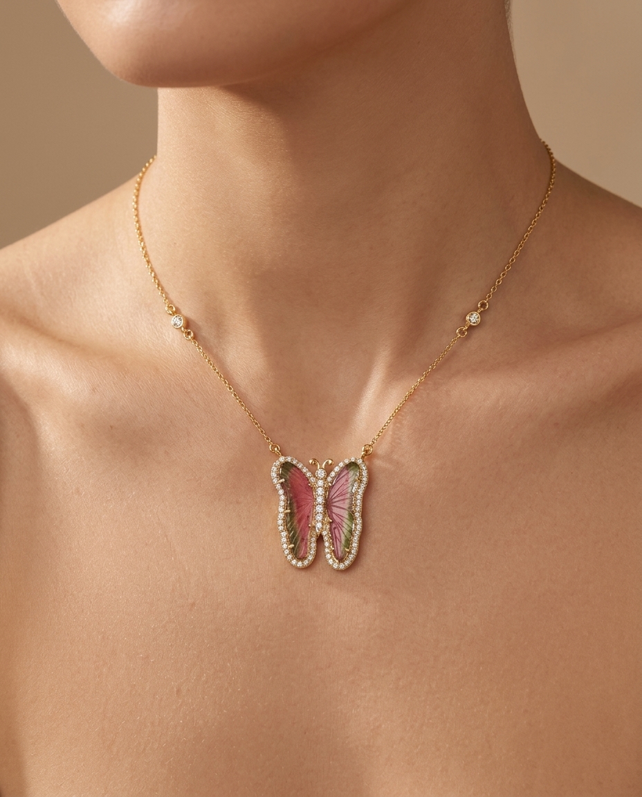 14KT Yellow Gold Watermelon Tourmaline and Diamonds Butterfly Necklace on model