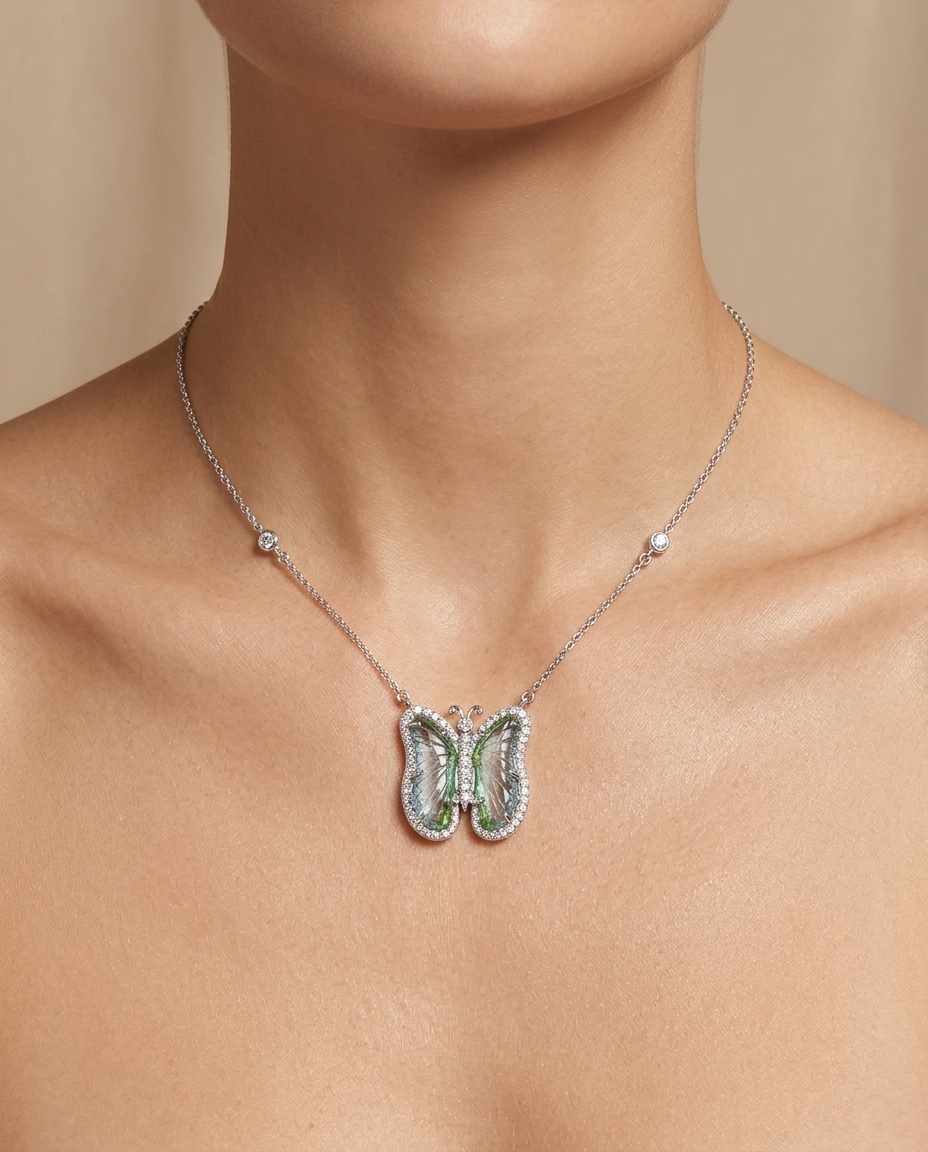 14KT White Gold Watermelon Tourmaline and Diamonds Butterfly Necklace on model