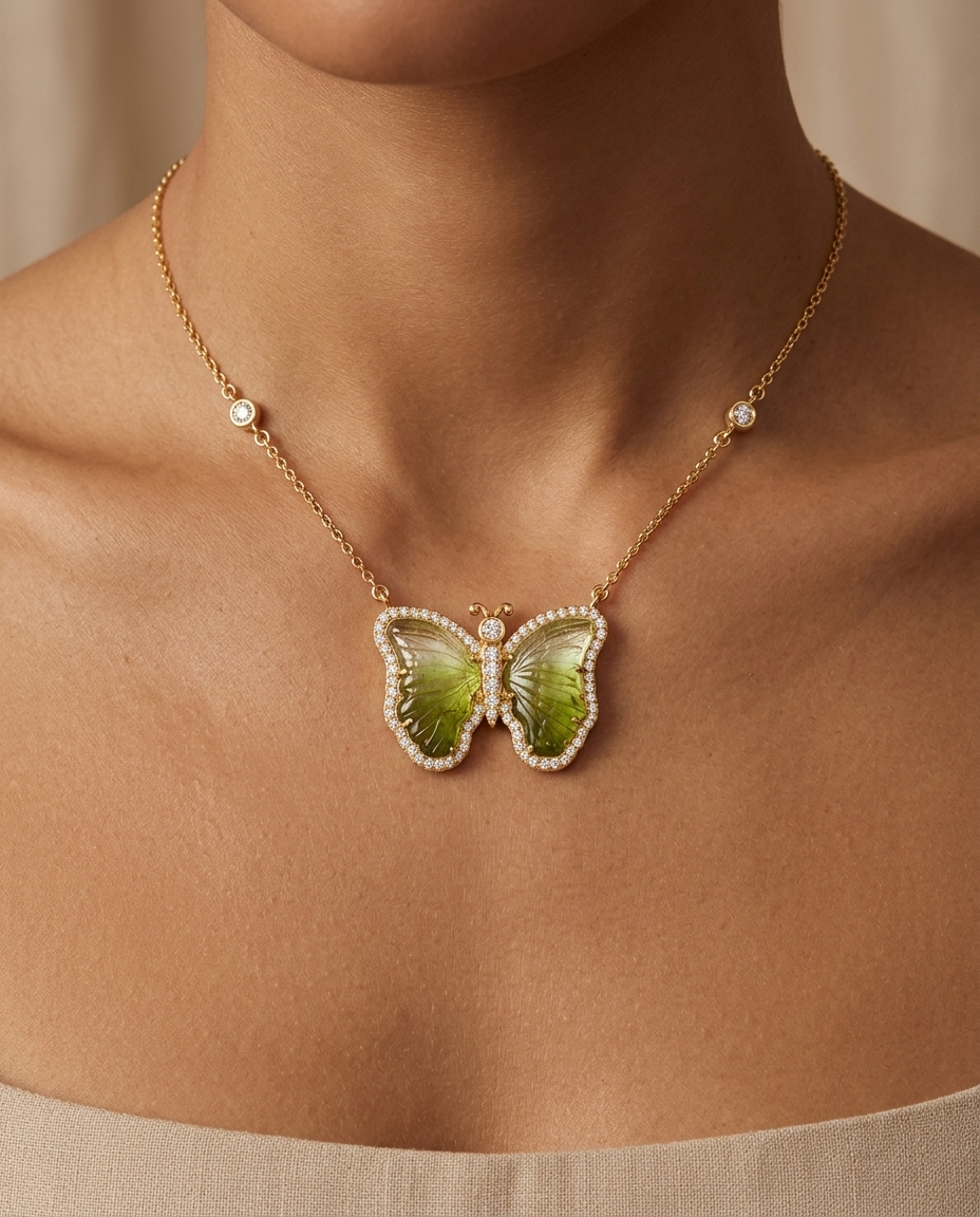 14KT Yellow Gold Watermelon Tourmaline and Diamonds Butterfly Necklace on model